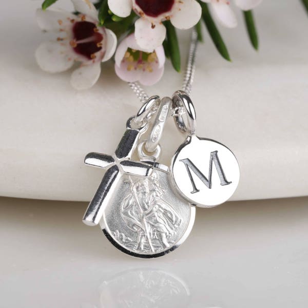 Personalised Solid Silver St. Christopher and Silver Cross Necklace