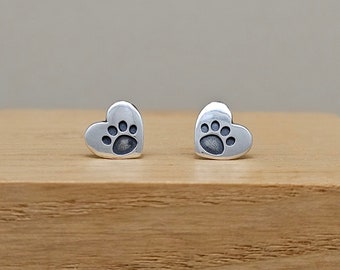 Sterling Silver Heart Paw Print Stud Earrings