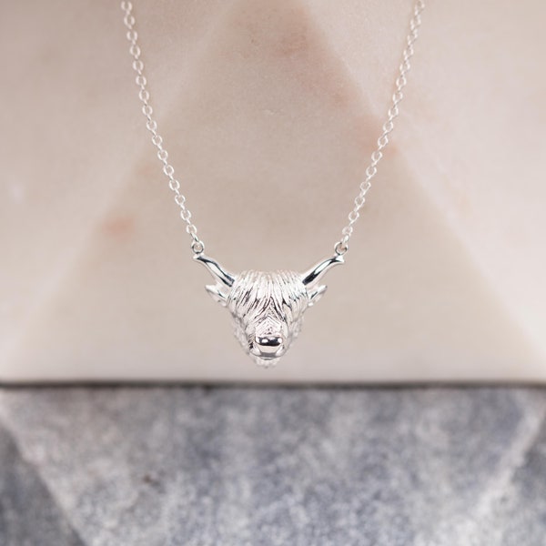 May include: A silver necklace with a detailed, three-dimensional pendant of a Highland cow head.