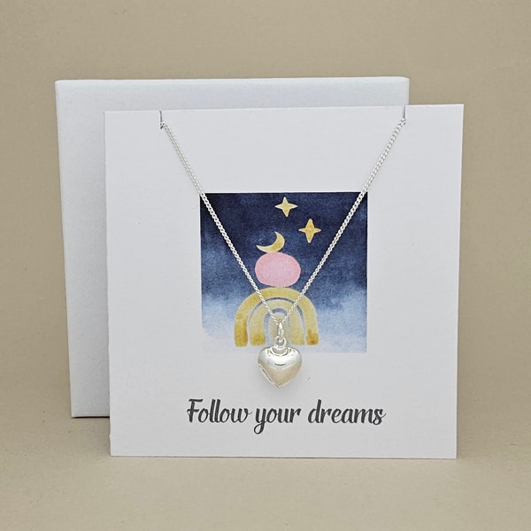 Carte de collier en forme de cœur « Suivez vos rêves » en boîte