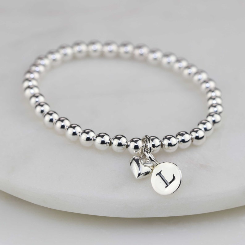 Children's Silver Bead Personalised Bracelet with Heart Charm image 3