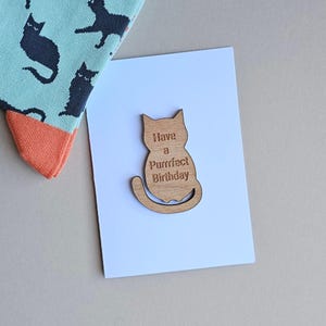 Ficha y tarjeta de madera con forma de gato: ten un cumpleaños purrrfecto: tarjetas hechas a mano, regalos de recuerdo, tarjetas de cumpleaños, tarjetas de sentimientos, tarjetas de positividad
