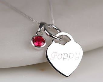 Personalised Engraved Silver Heart Necklace With Birthstone
