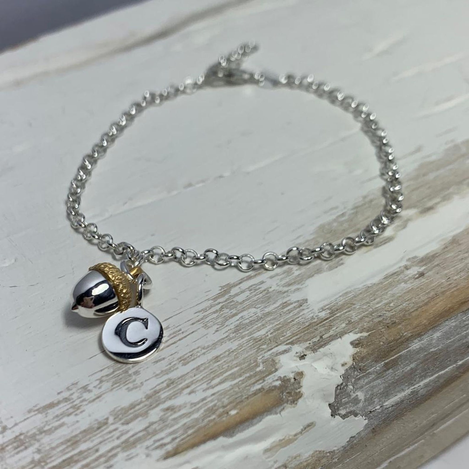 Personalised Acorn Bracelet in Sterling Silver and Gold Etsy UK