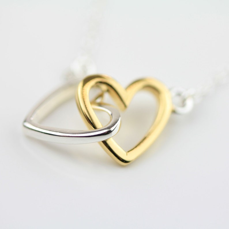 Interlocking Pair Of Solid Silver and Gold Hearts Necklace image 5