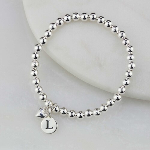 Personalised Skinny Silver Bead Bracelet With Heart Charm Etsy UK