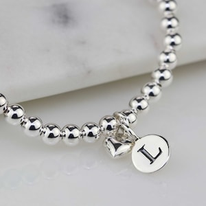 Children's Silver Bead Personalised Bracelet with Heart Charm image 2
