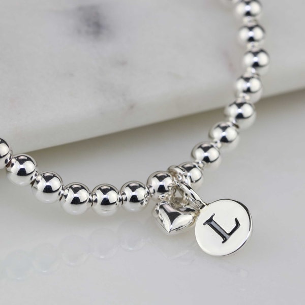 Personalised Silver Bead Friendship Bracelet with Silver or Gold Petite Heart Charm