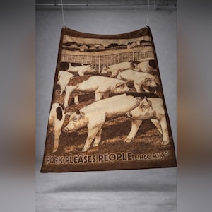 May include: A brown blanket with a farm scene featuring pigs. The blanket has the text "PORK PLEASES PEOPLE LINCOMIX". The pigs are white and brown, and the background depicts a farm with a fence and buildings.