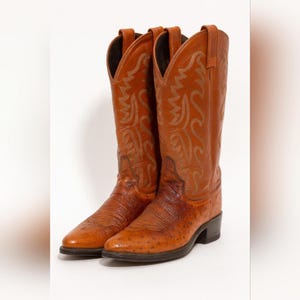 Peut inclure: Une paire de bottes de cowboy en cuir marron avec des coutures décoratives. Les bottes ont un bout pointu et un talon empilé. Le cuir a un aspect texturé. Les bottes sont posées sur un fond blanc.