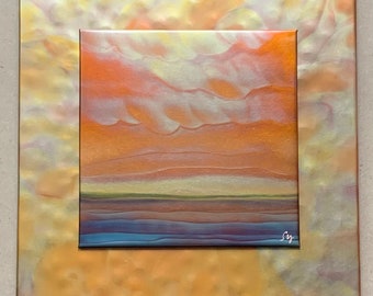 Landscape on yellow, 11” square double layer, Copper Fire Painting