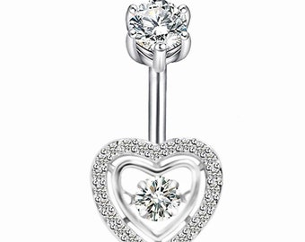 Sterling Silver Heart Belly Button Ring With Clear Stones Ships USA