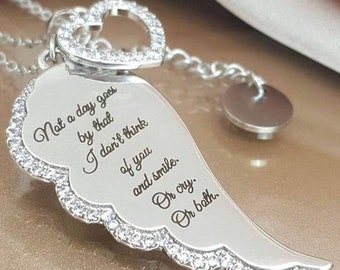 Stainless Steel Memorial Pendant, Engraved Wing Charm Necklace