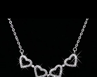 Sterling Silver Heart Necklace With Clear Stones Ships USA