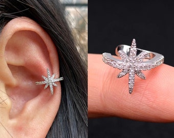 Sterling Silver Clear Cz Stones Star Earrings Cuff Non-Pierced Ships USA