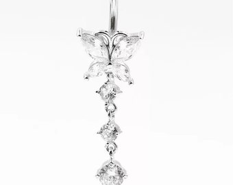 Sterling Silver Belly Button Ring Butterfly Clear Stones Ships USA