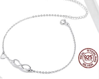 Sterling Silver Infinity With Dangle Heart Anklet Bracelet Adjustable Ships USA