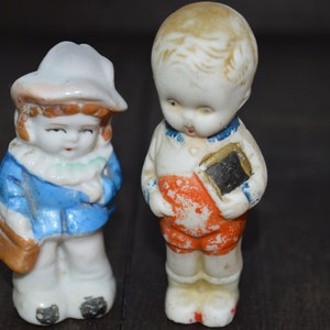 Boy and girl figurines / mid-century / made in Japan / girl / 2.5&quot; / boy / 3&quot; / ceramic / ceramic figurines / school / collectible figurines