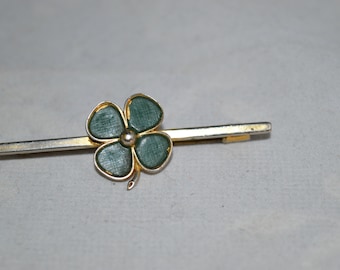 Four leaf clover /  bar pin / goldtone / green / 3&quot; x 5/8&quot; / clover / good luck pin / good luck brooch / pin / brooch / jewelry / vintage