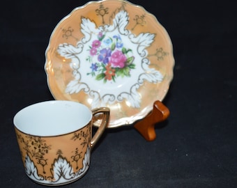 Deep yellow tea cup and saucer / Japan / gold trim / floral design / cup  2.5" /  saucer 4.5" / tea cup / teacup / demitasse / expresso