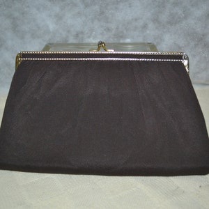 Brown crepe / Harry Levine / purse / USA / gold trim / chain strap / brown / crepe / HL / gold / chain / purse / clutch / evening bag image 1