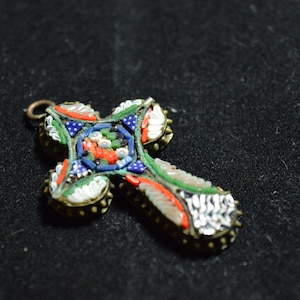 Mosaic cross pendant / blue / red / white / Italy / 1940&#39;s / 1.5&quot; Long / jewelry / vintage jewelry / vintage pendant / cross / mosaic
