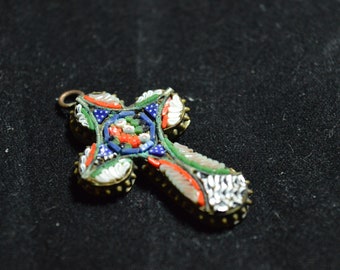 Mosaic cross pendant / blue / red / white / Italy / 1940's / 1.5" Long / jewelry / vintage jewelry / vintage pendant / cross / mosaic