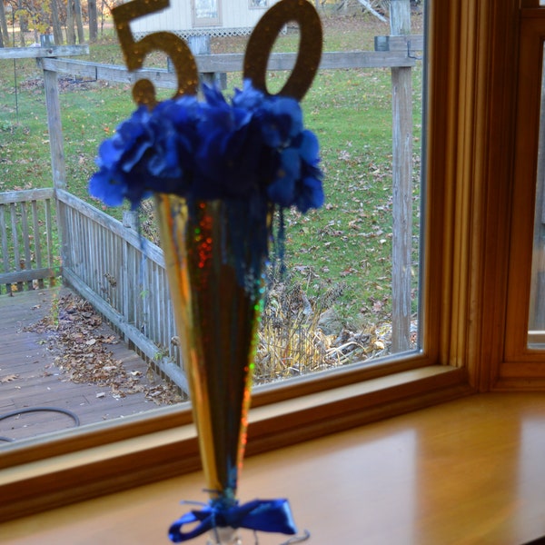 50th Table Centerpieces / 9 available / glass base / gold paper cone / blue silk flowers / gold / blue / 50th anniversary / age / reunion