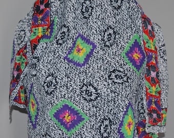 Schal / schwarz und weiß / bunt drucken / Platz / Baumwolle Mischung / rot / lila / grün / Quadrat Schal / Jahrgang / Vintage Schal / Krawatten