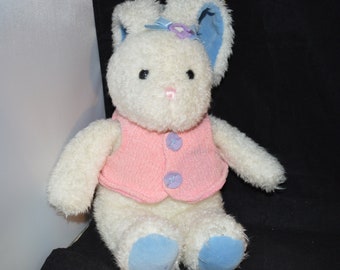 Stuffed White Bunny Wearing a Pink Vest, Made by Lord Taylor