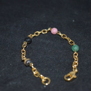 Gold link bracelet / stone beads / colorful / vintage costume jewelry / brown / black / pink / green / gold links / jewelry / bracelet