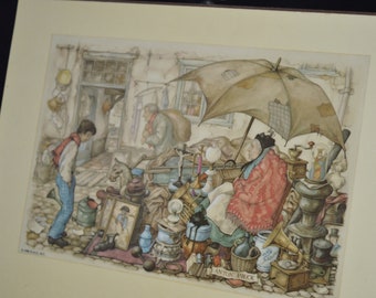 Flea market plaque / Anton Pieck / 1966 / Donald Art Co., Inc. / NY / No. 4976 / printed in Holland / Holland / tag / plaque / art