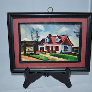 Carte postale / Canadienne française / maison / près de Québec / encadré en bois noir / passepoil rouge et noir / 7 x 6 po. / Québec / Canada / Art canadien