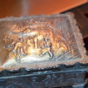 Metal box / hinged / elephant on lid / interior lined with wood / Made in Japan / 3.5&quot; x 2.5&quot; / Fair condition / box / trinket box