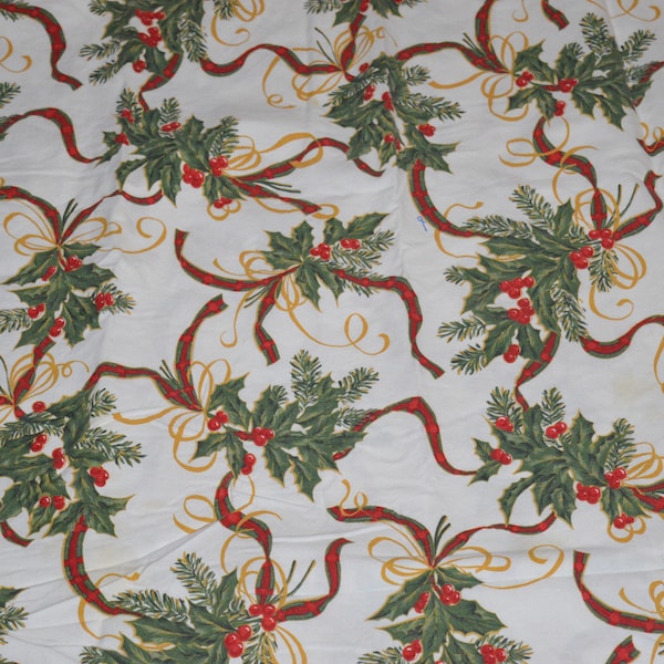 Holiday tablecloths / cotton / linens / tablecloths / greens / ribbons / holly / three available / 54" x 72" / Good condition