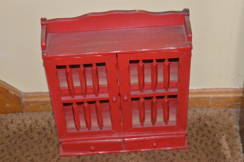 Red cabinet  curio  spice rack  two doors  2 drawers  12 x 11 x 2.5   red  cabinet  kitchen  curio cabinet  spice cabinet