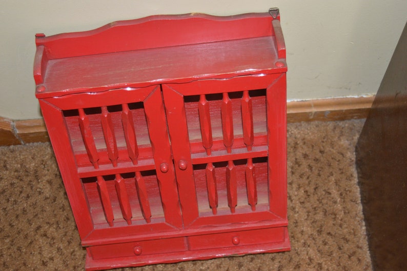 Red cabinet curio spice rack two doors 2 drawers 12 x 11 x 2.5 red cabinet kitchen curio cabinet spice cabinet