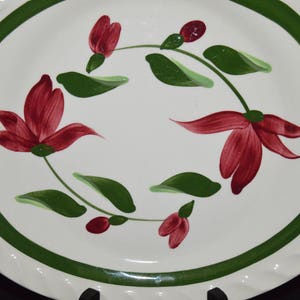 May include: White oval ceramic serving platter with a green border and a floral design featuring red flowers and green leaves.