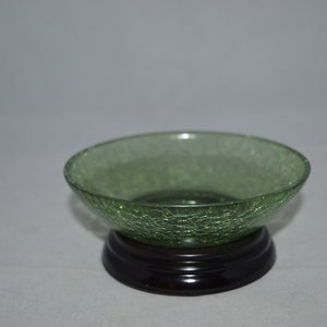 Crackle glass bowl / wooden pedestal / small candy dish / candy dish / pedestal bowl / crackle glass / green 5" diameter x 2" high