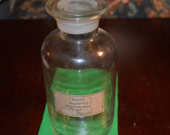 Scientific bottle / apothecary bottle / glass lid / medicine bottle / label / 1900s / clear glass / clear bottle / glass bottle / vintage