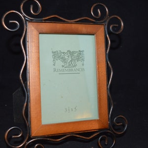 Picture Frame / wood / metal trim / hang / standing / horizontal / vertical / Overall 8&quot; x 7&quot; / Window 4.5&quot; x 3&quot; / frame / wood frame