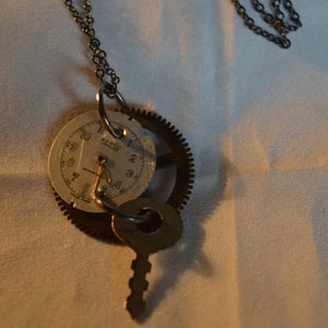 Timepiece necklace / 24&quot; / dark chain / 3 timepiece parts / jewelry / watch parts / chain necklace /