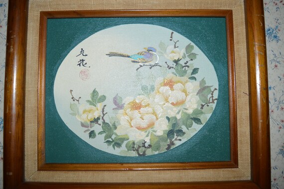 油絵 / 絵画 / 枝に止まる鳥 / 緑 / 楕円形 / 額入り / 木製 / 花