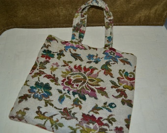 SALE / tapestry tote bag / handmade / tan background / red / pink / blue / gold / green / floral design / floral / tote bag / tapestry bag