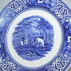 George Jones & Sons / antique / blue transferware plates / Toro / bull and horse pattern / 1880 /  Price per plate / 10.5&quot; x 10.5&quot;
