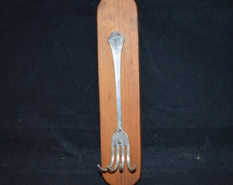 Bent fork wall hook / hook / kitchen / keys / fork hook / wall hook / 9" x .75" x 1.75" / wood / silver / kitchen hook / fork / silver