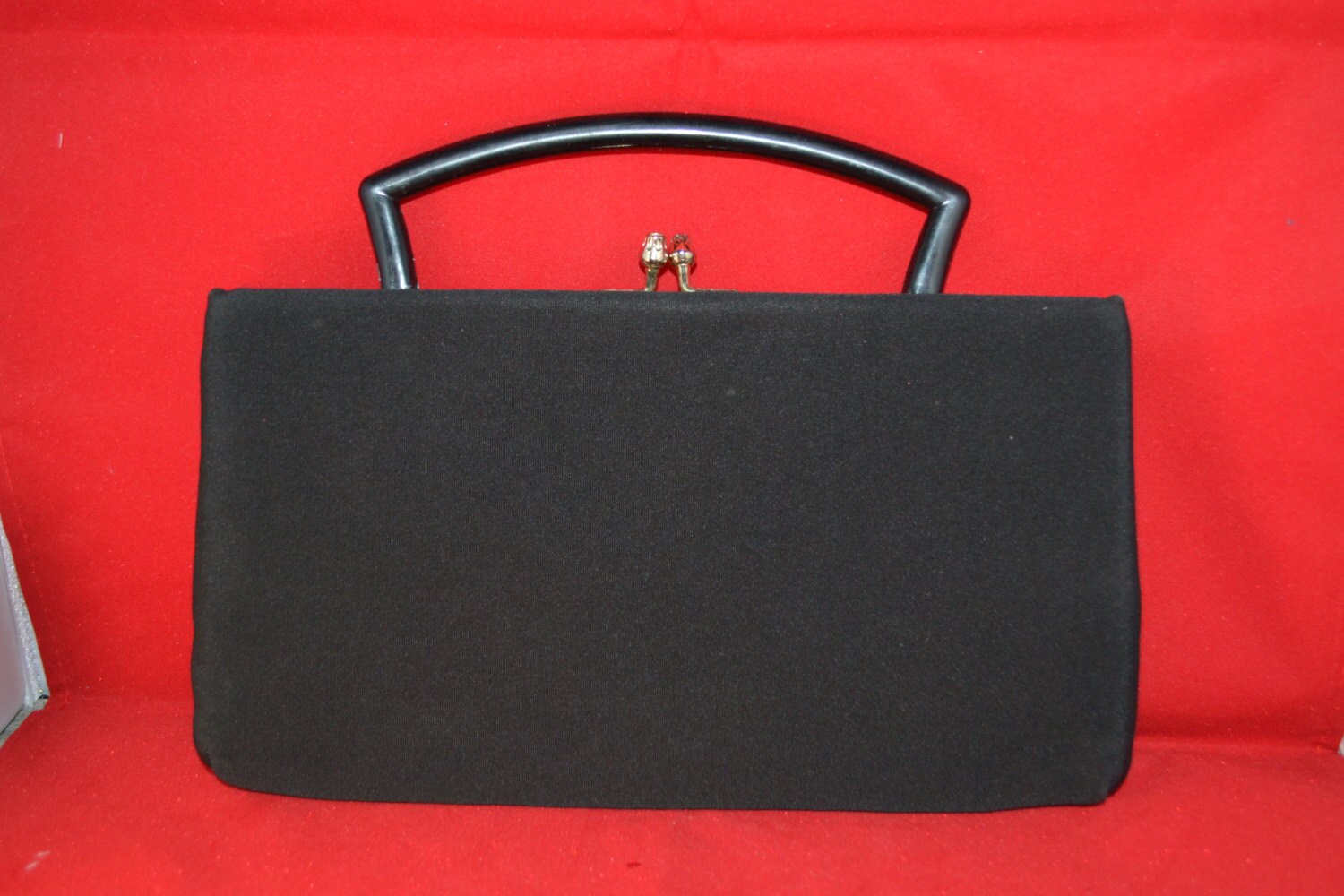 Harry Levine / evening bag / clutch / black / satin lining / Plastic handle / Black Crepe / crepe / black evening bag / black clutch