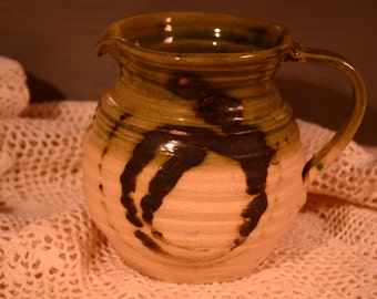 Pottery pitcher / green / white / brown design / small pitcher / creamer / pottery creamer / coffee creamer / coffee / tea / pottery