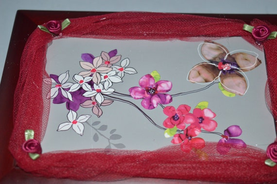 SALE / Jewelry box / trinket box / floral print / dark pink netting / ribbon roses / pink / floral / jewelry / trinkets / box / storage View 5