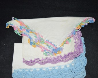 Vintage handkerchiefs / white / assorted trim / D / Mother / crocheted trim / pastel / lavender / blue / white